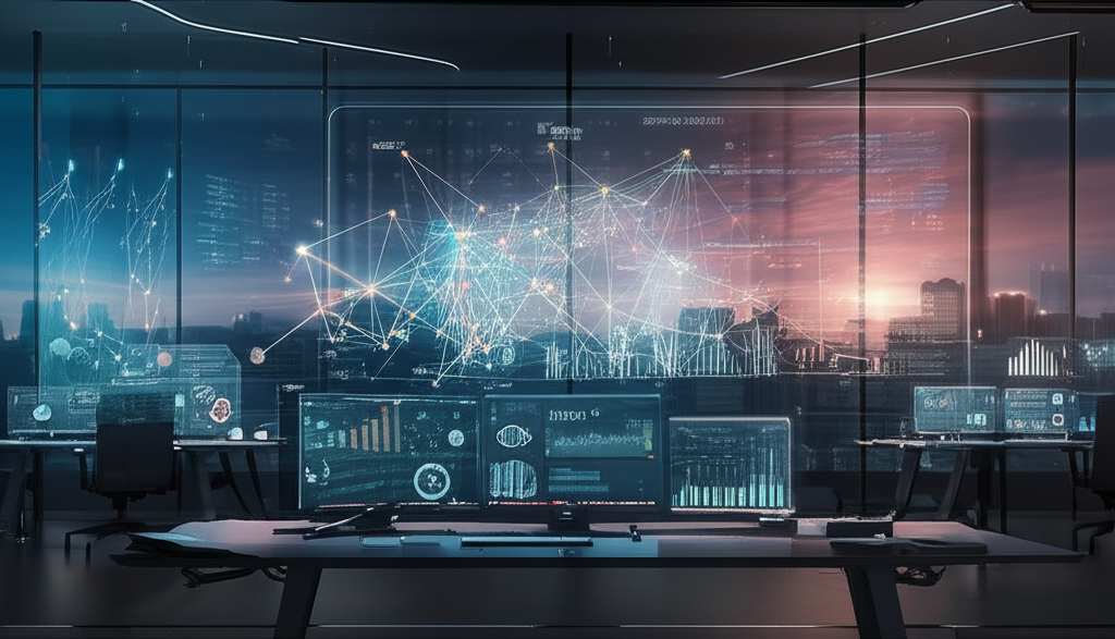 Futuristic AI software development with holographic interfaces and neural networks